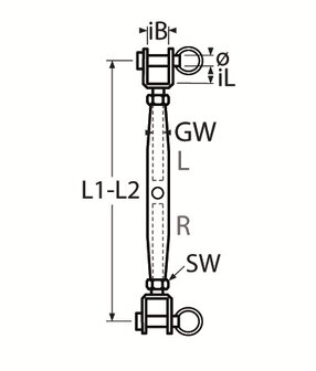 RVS Spanwartel Vork/Vork , RVS 316 (A4) tekening