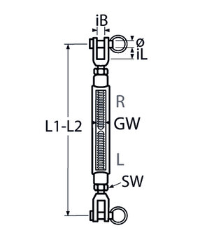 RVS Spanwartel met open behuizing Vork/Vork , RVS 316 (A4) tekening