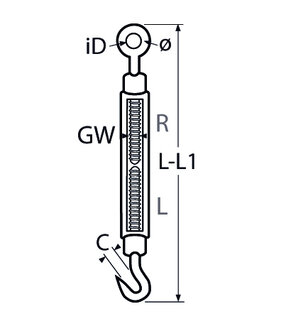 RVS Spanwartel met open behuizing Haak/Haak , RVS 316 (A4) tekening