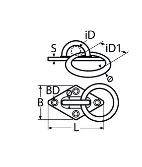 RVS Ruit 80x40mm met ring 8mm- RVS304(A2) tekening