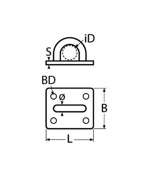 RVS Dekplaat rechthoek 35x30mm, Boog 5mm- RVS316(A4) tekening
