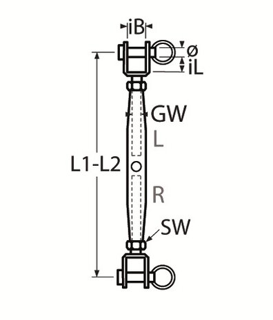 RVS Spanwartel Vork/Vork , RVS 316 (A4) tekening