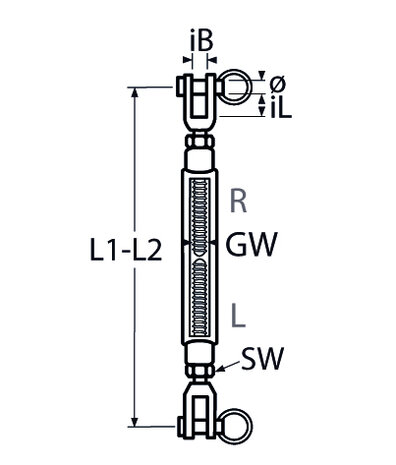 RVS Spanwartel met open behuizing Vork/Vork , RVS 316 (A4) tekening