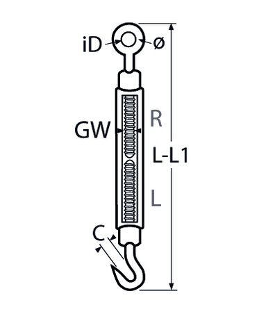 RVS Spanwartel met open behuizing Oog/Oog , RVS 316 (A4) tekening