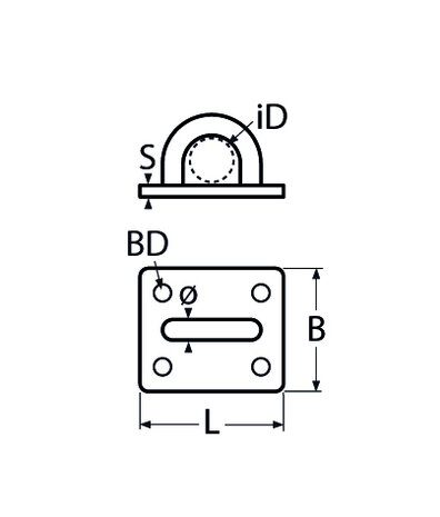 RVS Dekplaat rechthoek 35x30mm, Boog 5mm- RVS316(A4) tekening